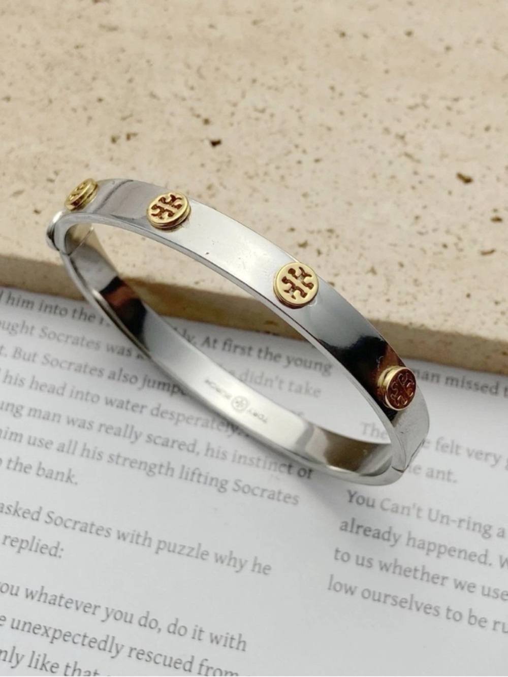 Tory Burch Two-Tone Silver and Gold Studs Logo Bangle